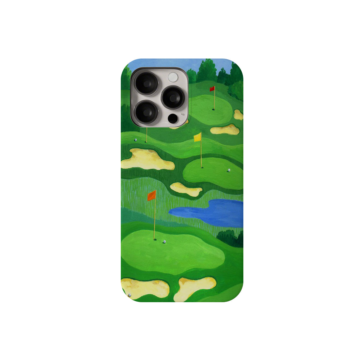 Phone case with a golf course design on a white background