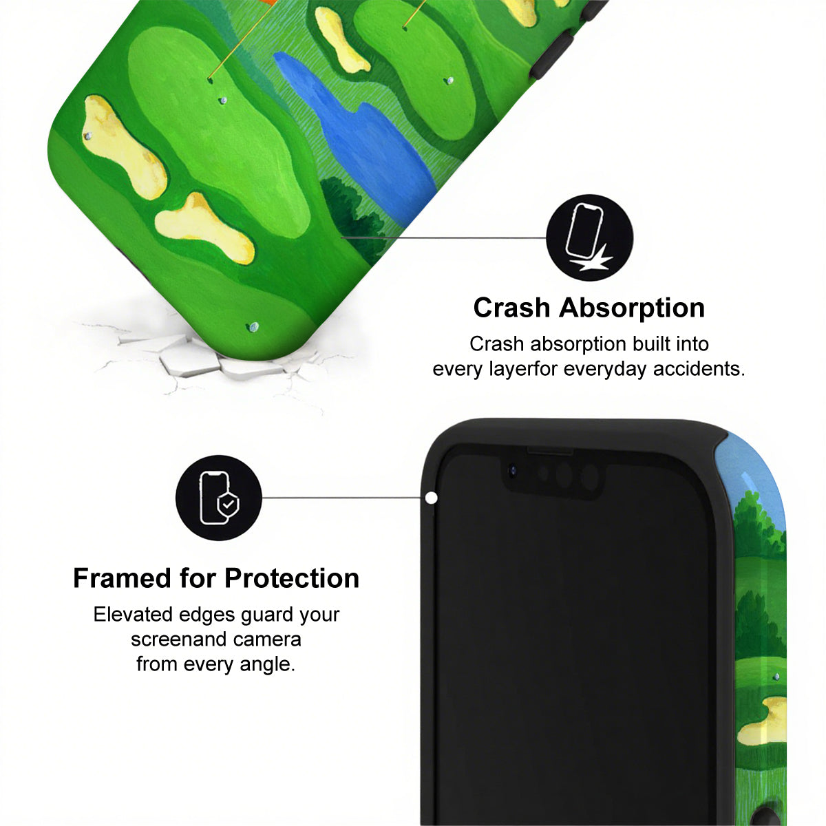 Phone case with green golf course design and text highlighting crash absorption and protection.