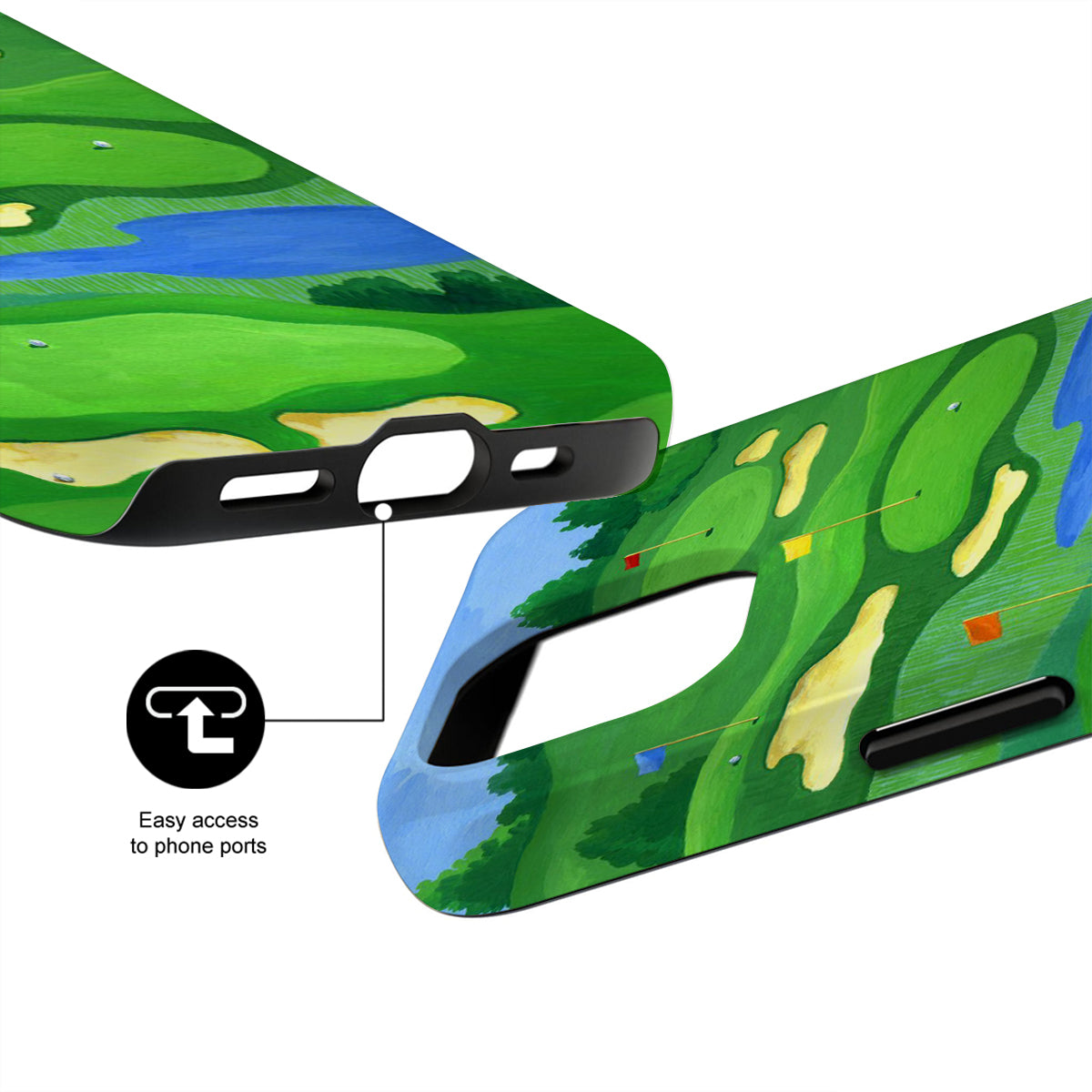Phone case with golf course design and easy access to phone ports on a white background