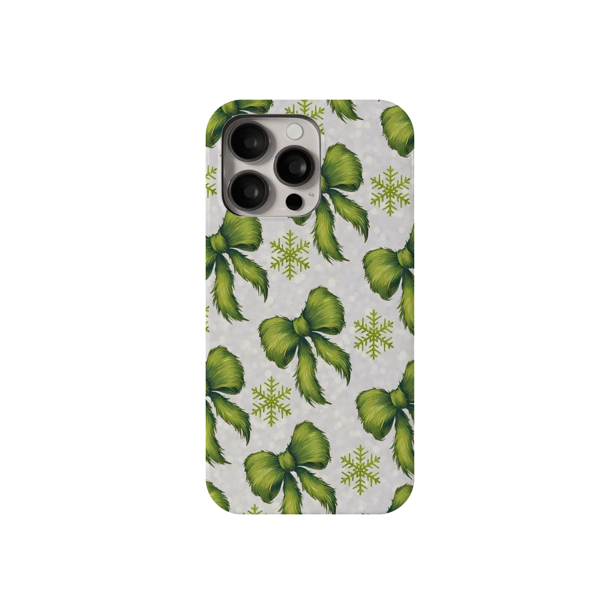 Phone case with green bow and snowflake pattern on a white background