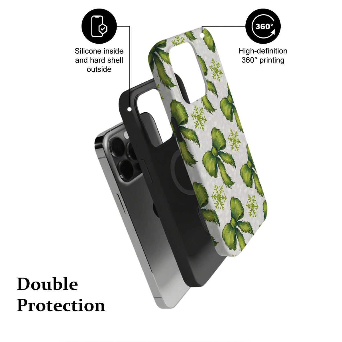 Phone case with green leaf pattern and text highlighting features on a white background