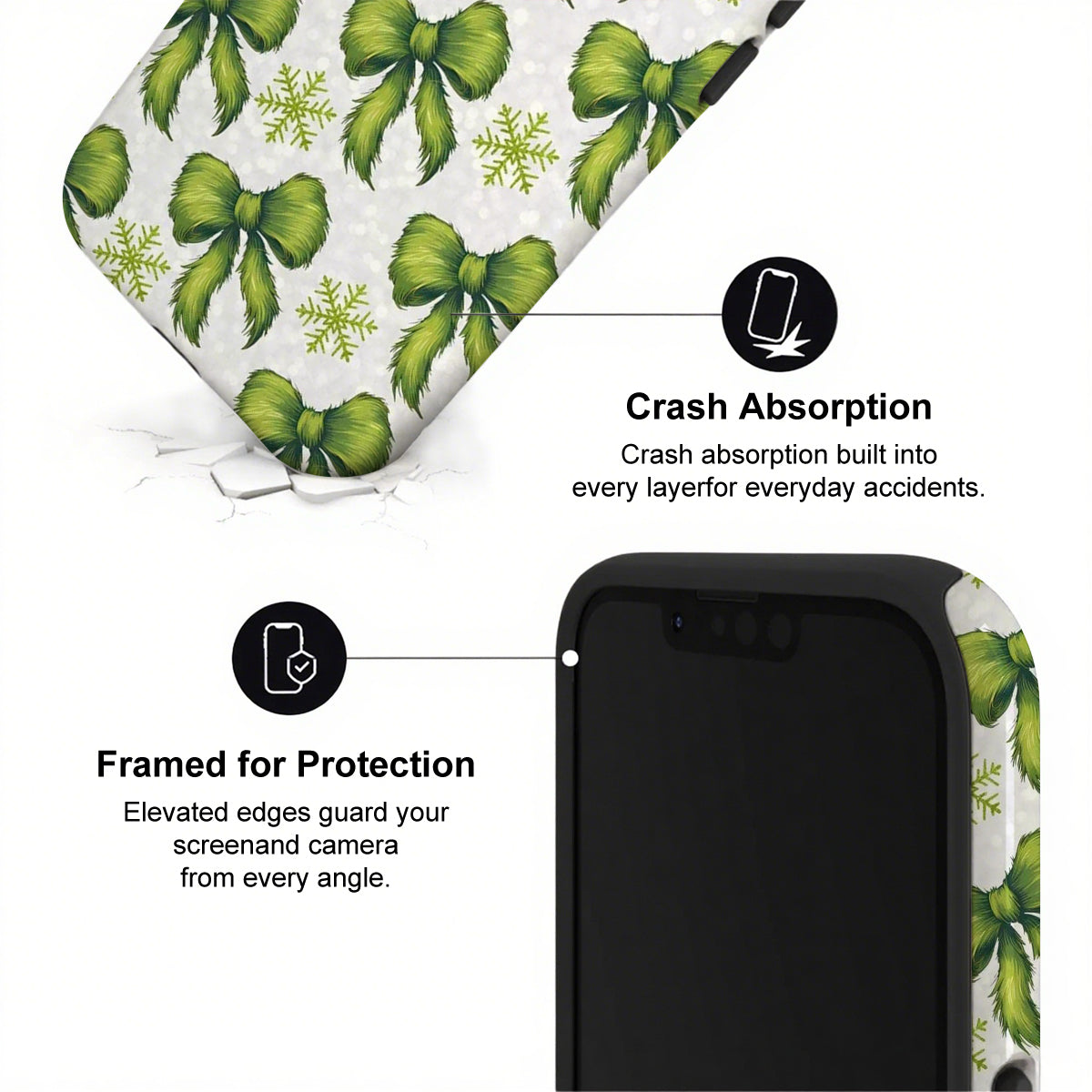 Phone case with green bow and snowflake pattern and text about crash absorption and protection.