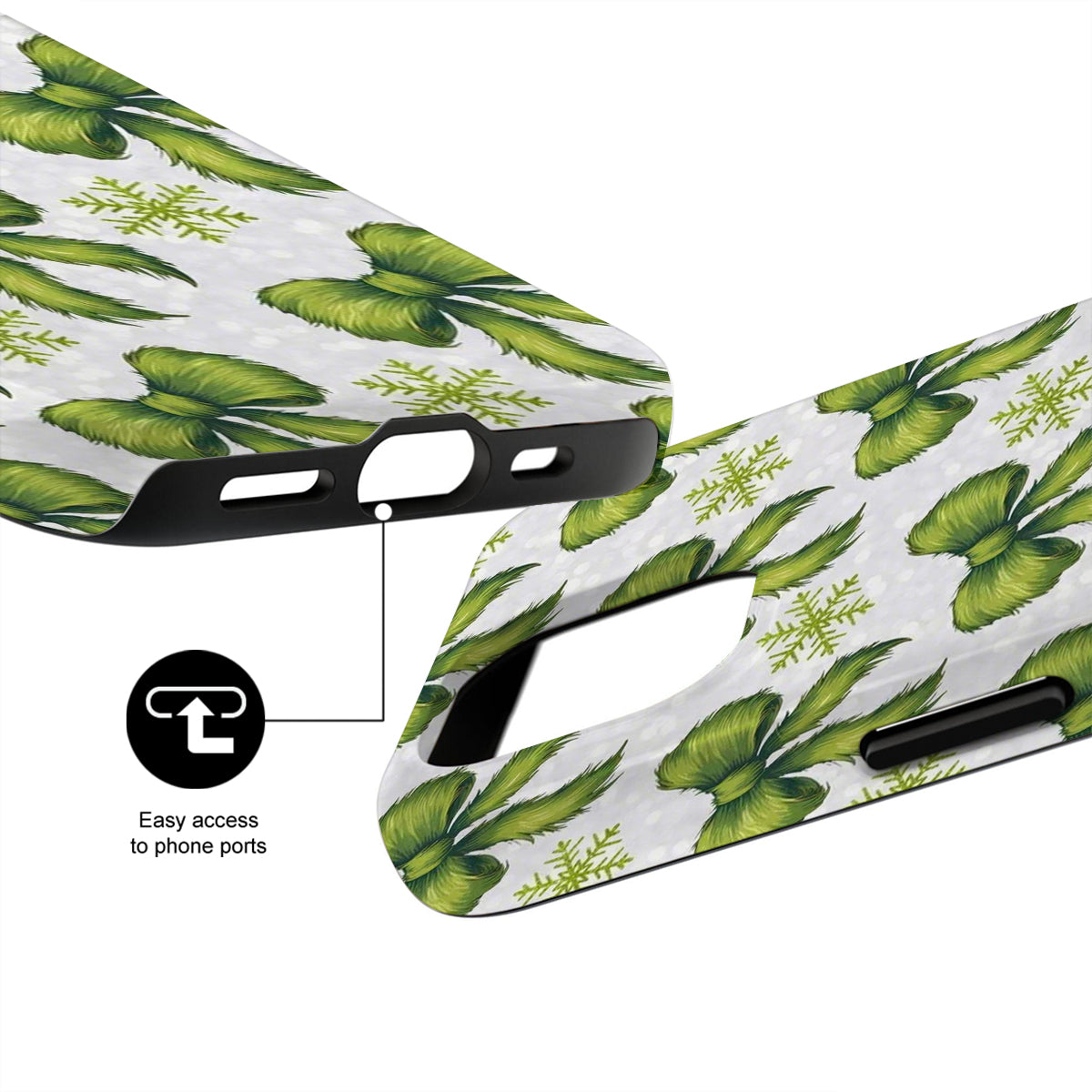 Phone case with green leaf pattern and easy access to phone ports on a white background