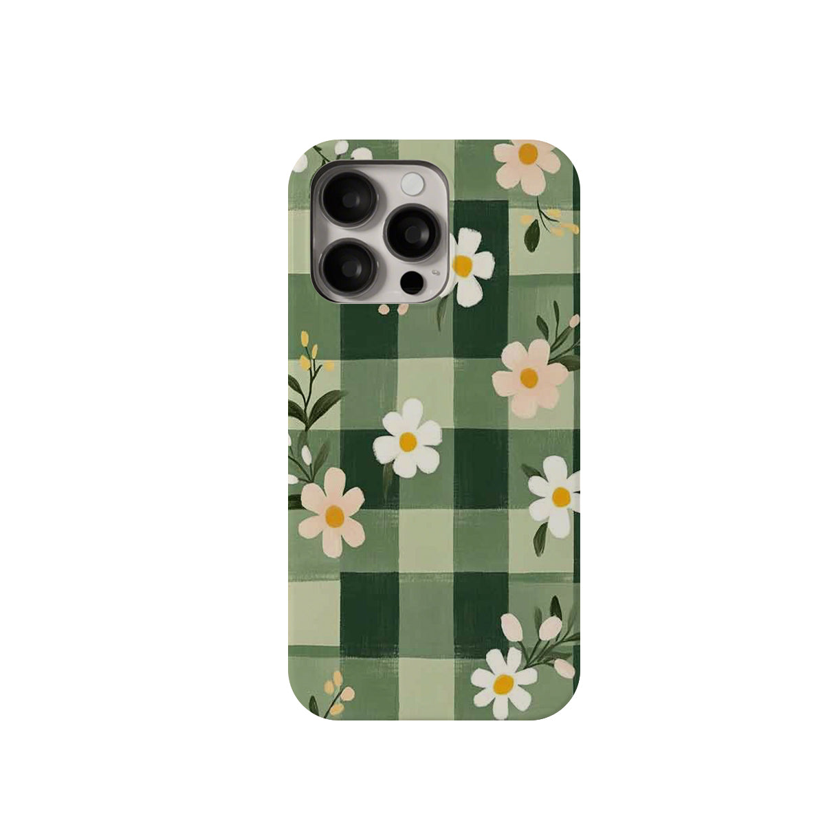 Phone case with green checkered pattern and white flowers on a white background