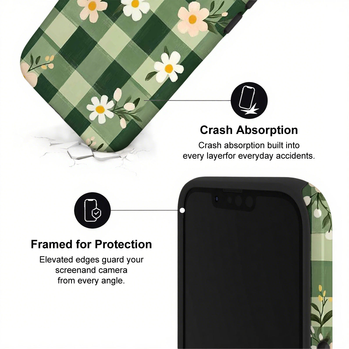 Phone case with green plaid and floral design, featuring text on crash absorption and protection.