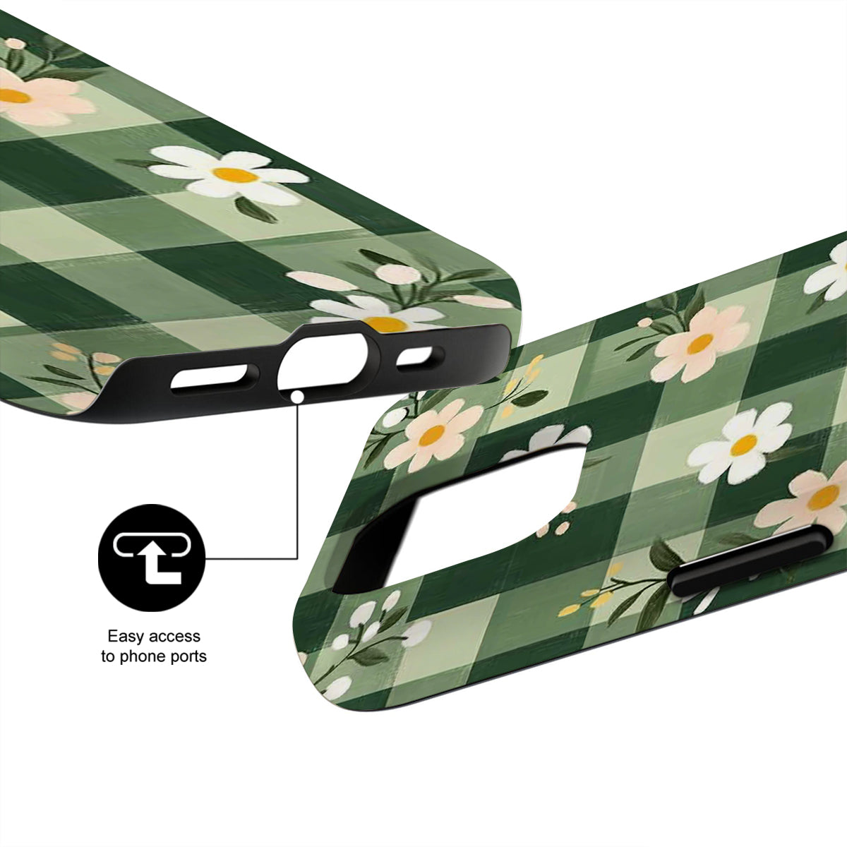Green checkered phone case with floral design and easy access to phone ports feature.
