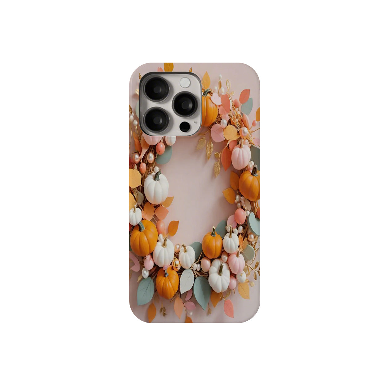 Phone case with autumn-themed design featuring pumpkins and leaves on a white background