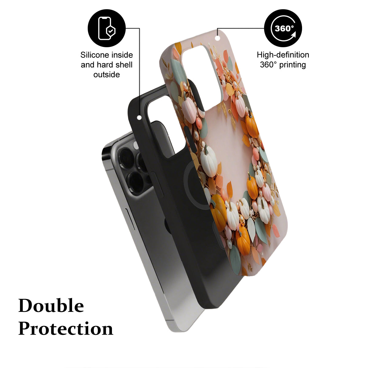 Phone case with floral design and text highlighting features on a white background