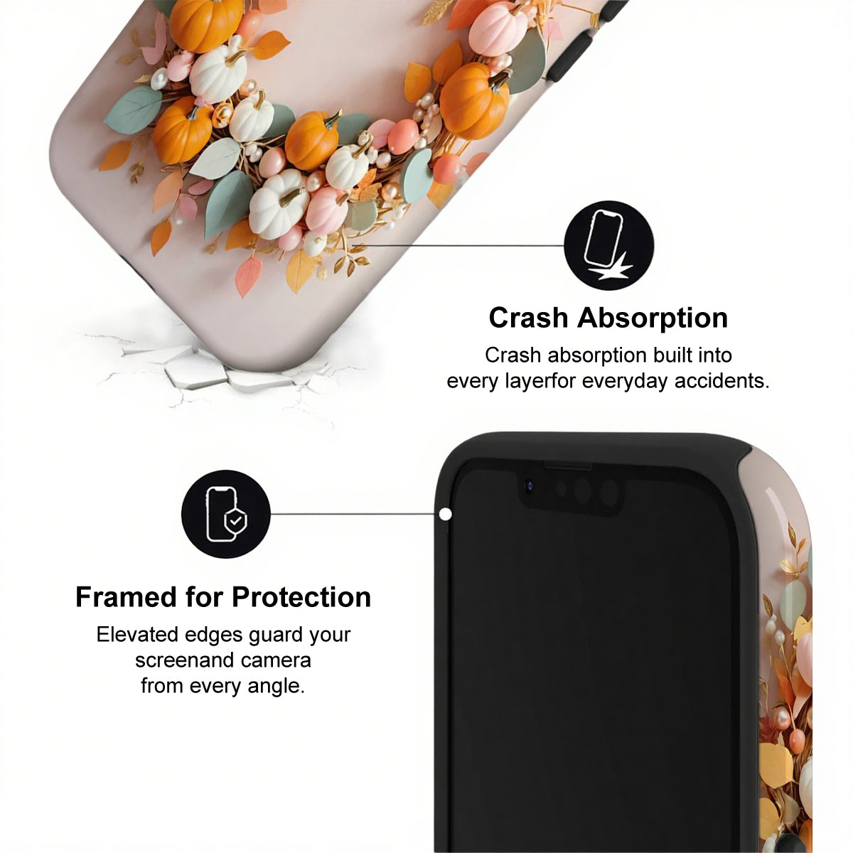 Phone case with floral design and text highlighting crash absorption and protection features.