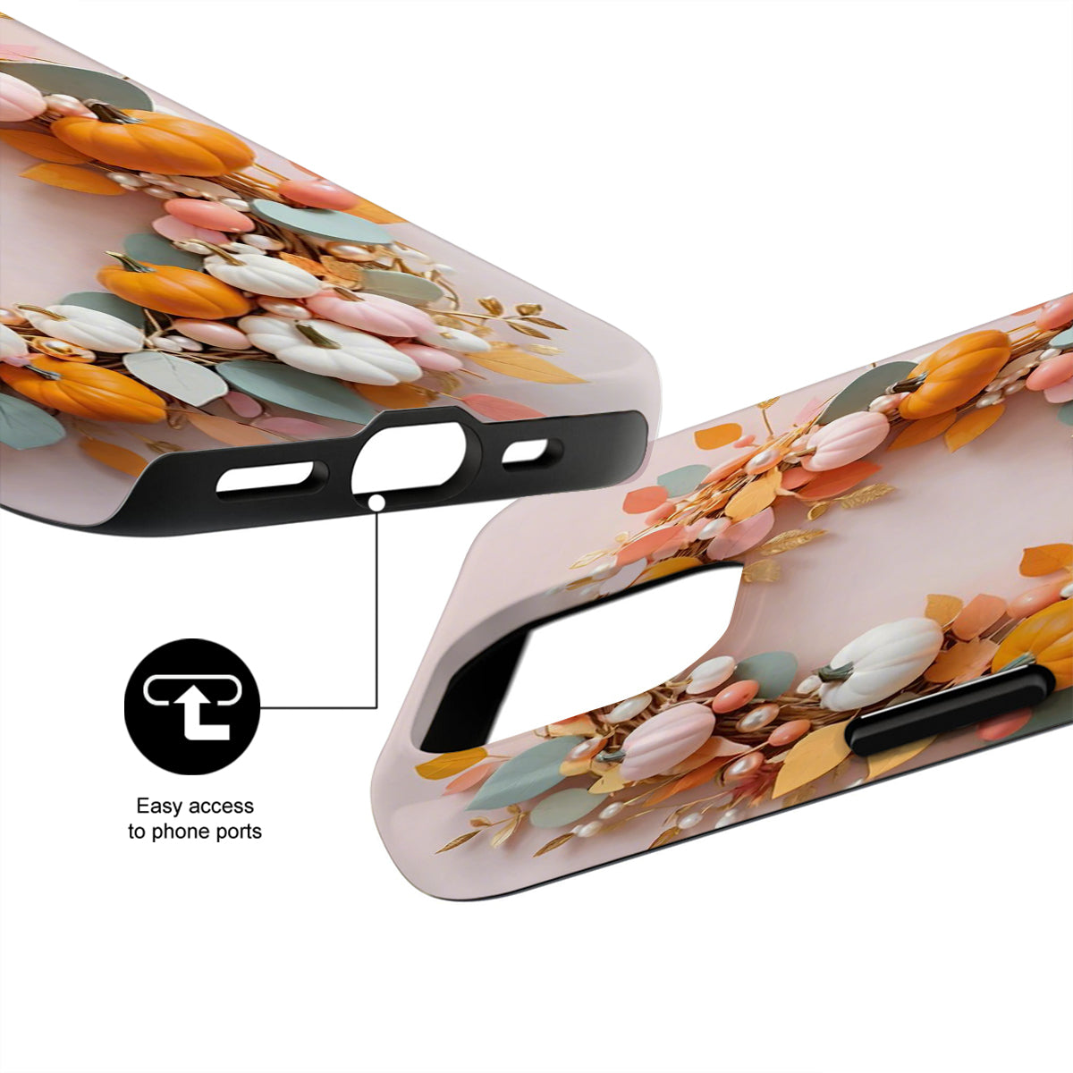 Phone case with floral design and clear back, showing ease of access to phone ports.