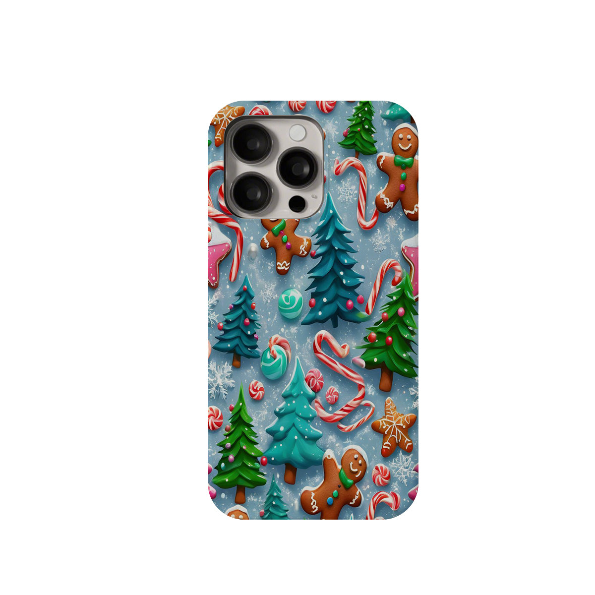 Phone case with Christmas-themed design featuring trees, gingerbread men, and candy canes on a blue background.