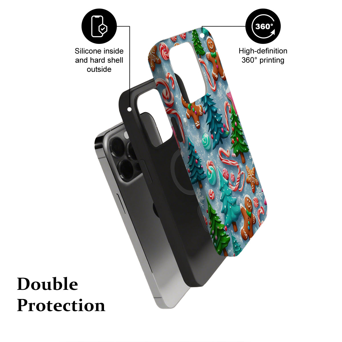 Phone case with Christmas design and text highlighting features on a white background