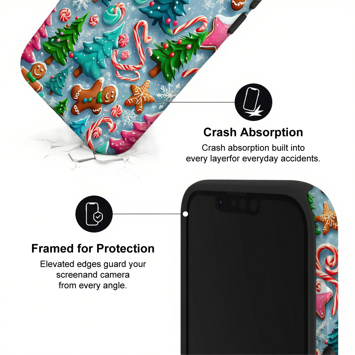 Phone case with Christmas design and text highlighting crash absorption and protection.