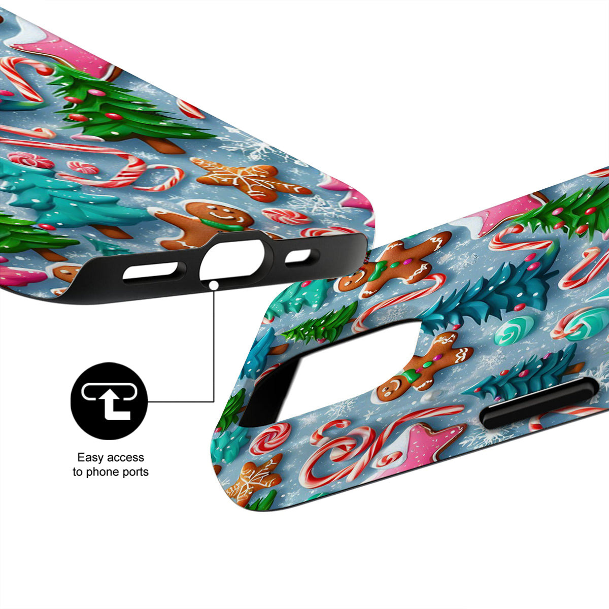 Phone case with Christmas design featuring trees, candy canes, and gingerbread men on a white background.