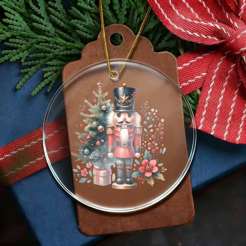 Decorative Christmas tag with a nutcracker design on a gift box with ribbons.