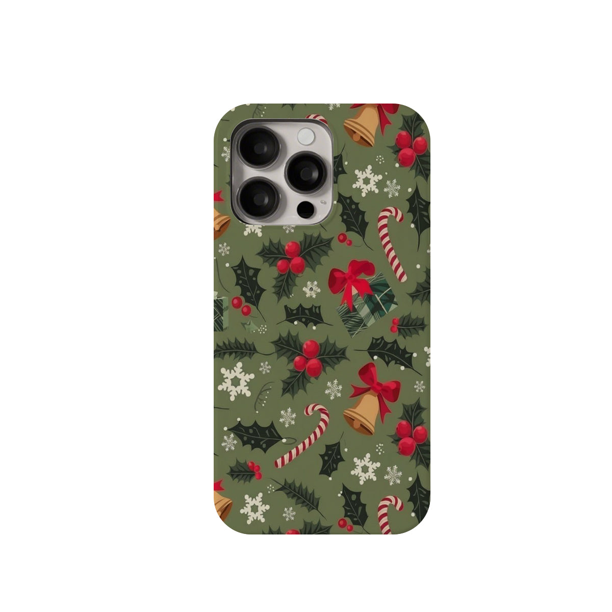 Phone case with Christmas-themed design on a green background