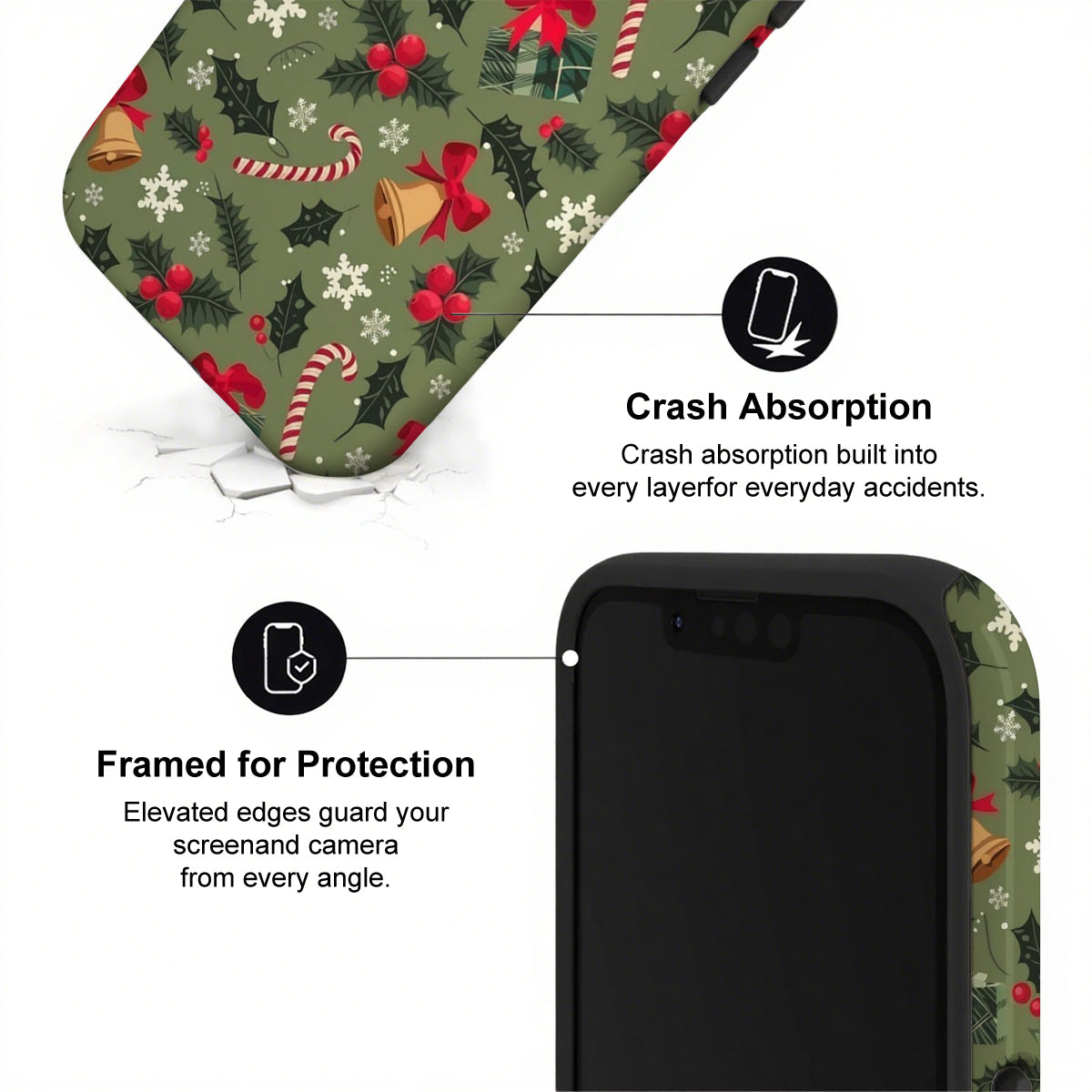 Phone case with Christmas pattern and text about crash absorption and protection.