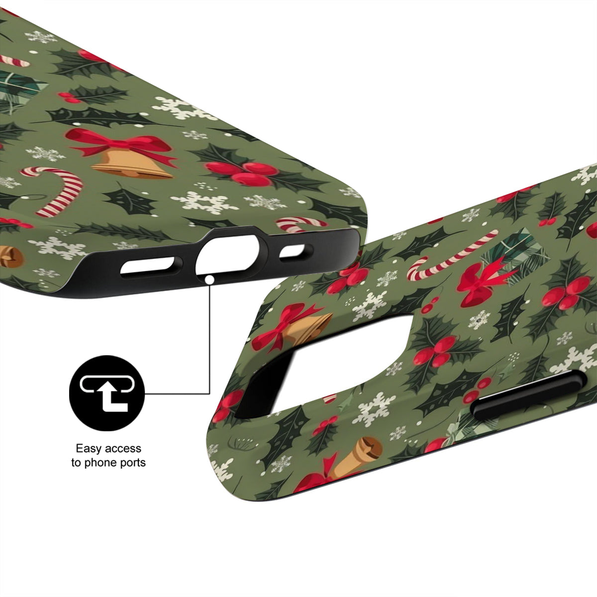 Christmas-themed phone case with holly leaves, berries, and candy canes on a green background.