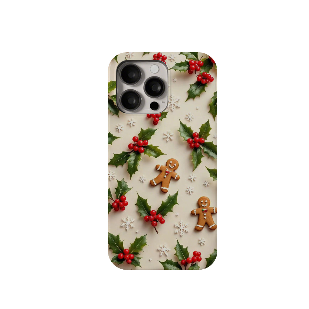 Phone case with Christmas design featuring holly leaves, berries, and gingerbread men on a white background.