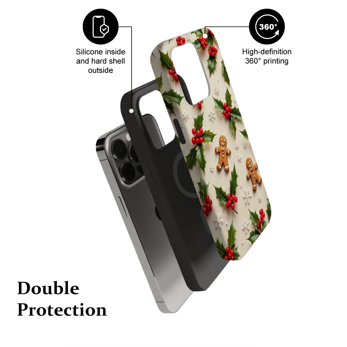 Phone case with Christmas design featuring gingerbread men and holly leaves, showing features like silicone inside and hard shell outside.