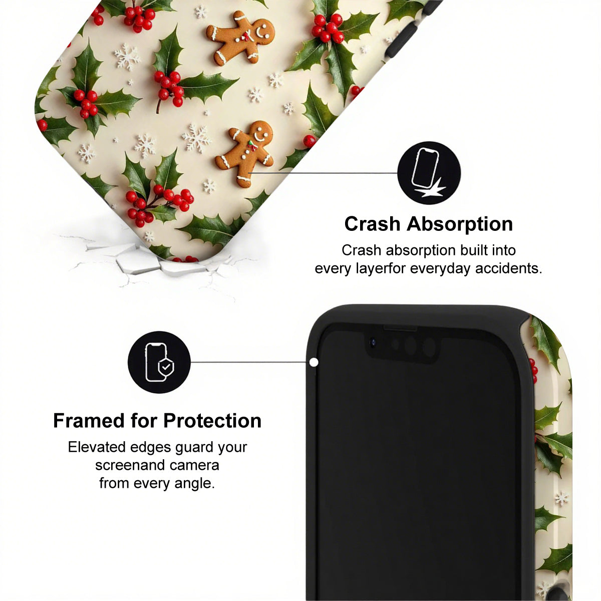 Phone case with Christmas design and text highlighting crash absorption and protection.