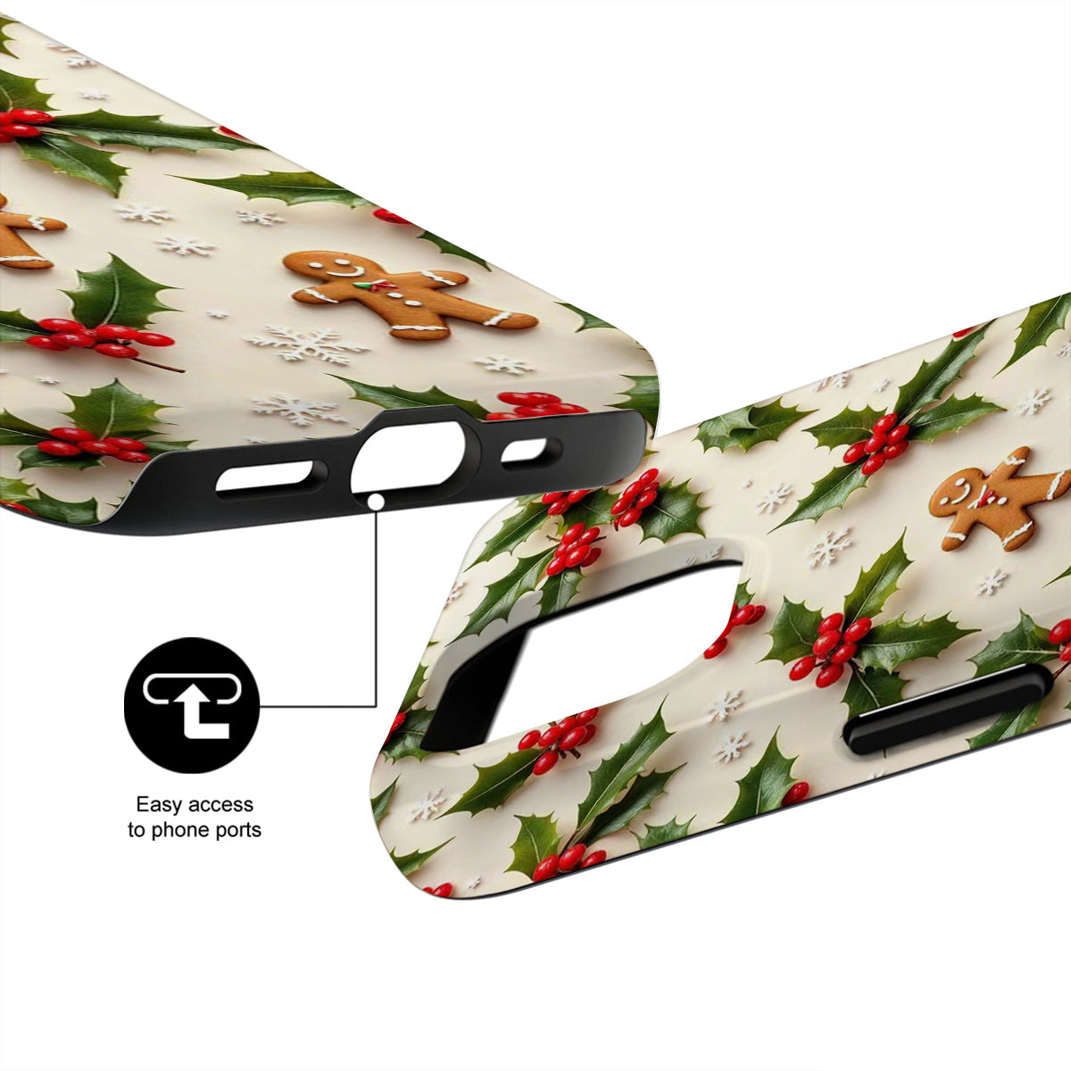 Phone case with Christmas design featuring gingerbread men, holly leaves, and berries on a white background.