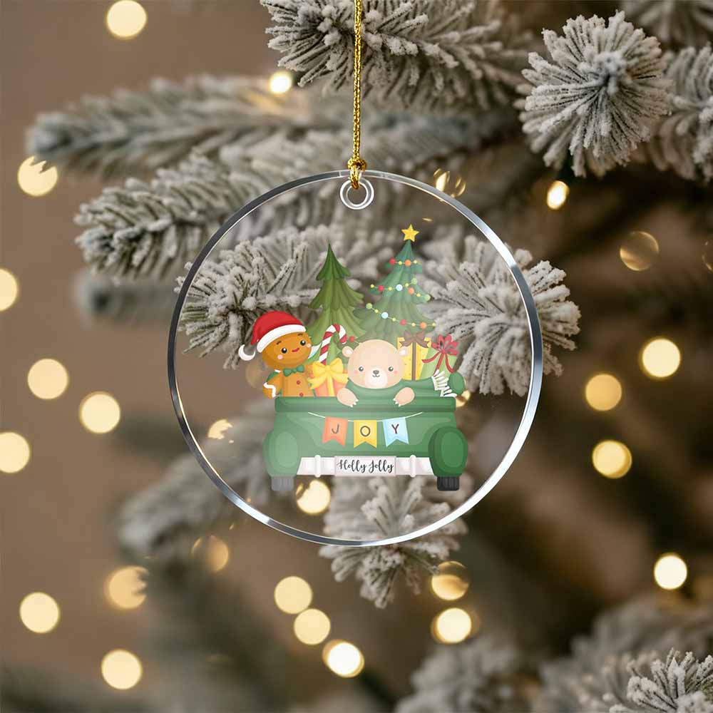 Christmas ornament with cartoon characters in a car, surrounded by festive decorations.