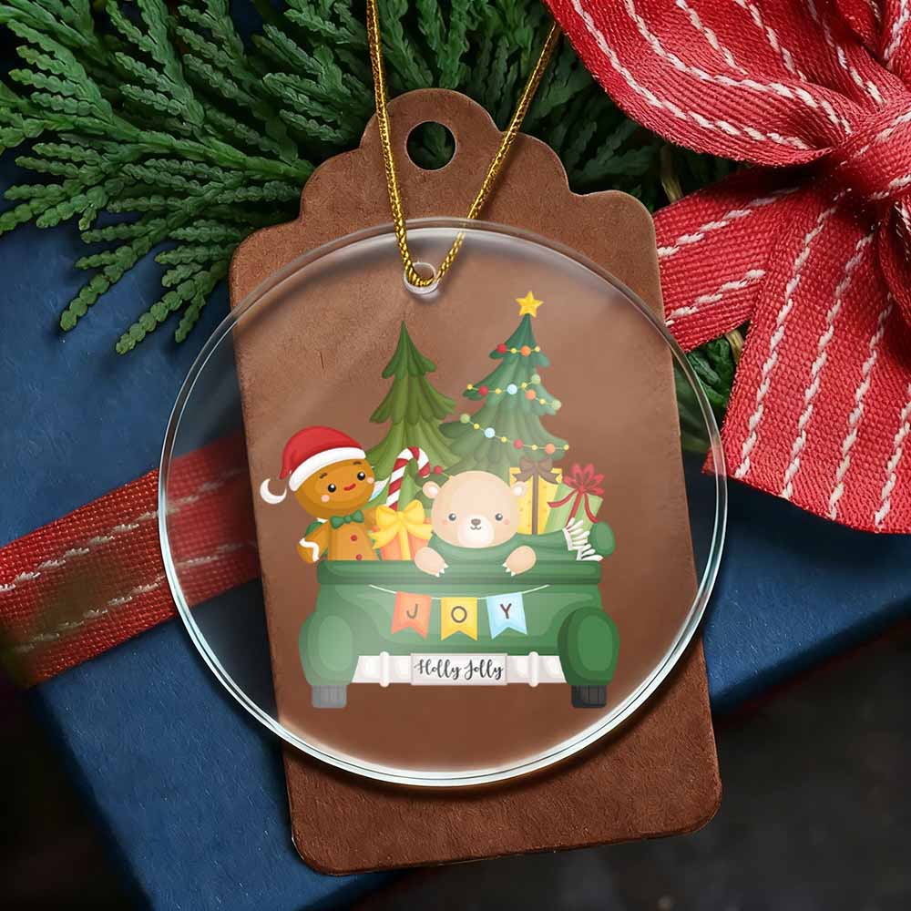Christmas-themed gift tag with cartoon characters on a blue box with red ribbon