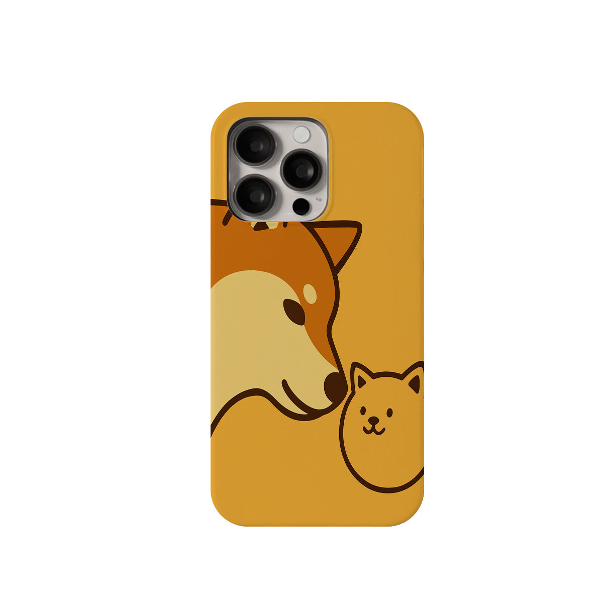 Phone case with a design of a fox and a cat on a mustard yellow background