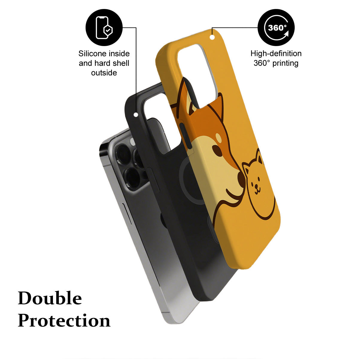 Phone case with a dog design, featuring text on features and double protection, on a white background.