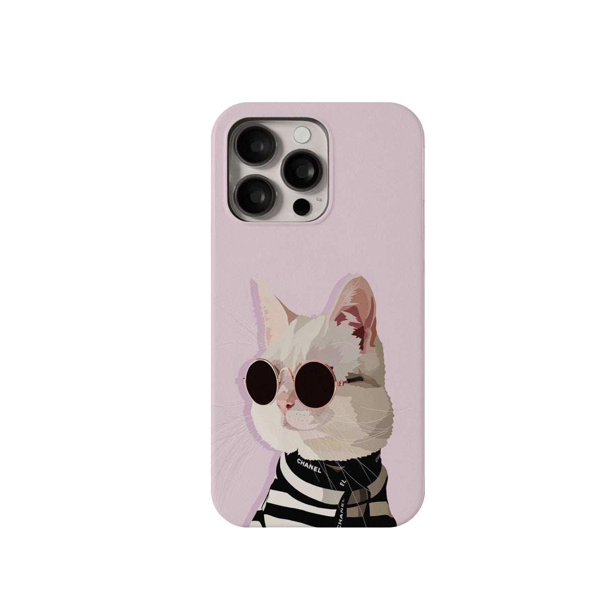 Phone case with a cat design wearing sunglasses and a striped shirt on a pink background