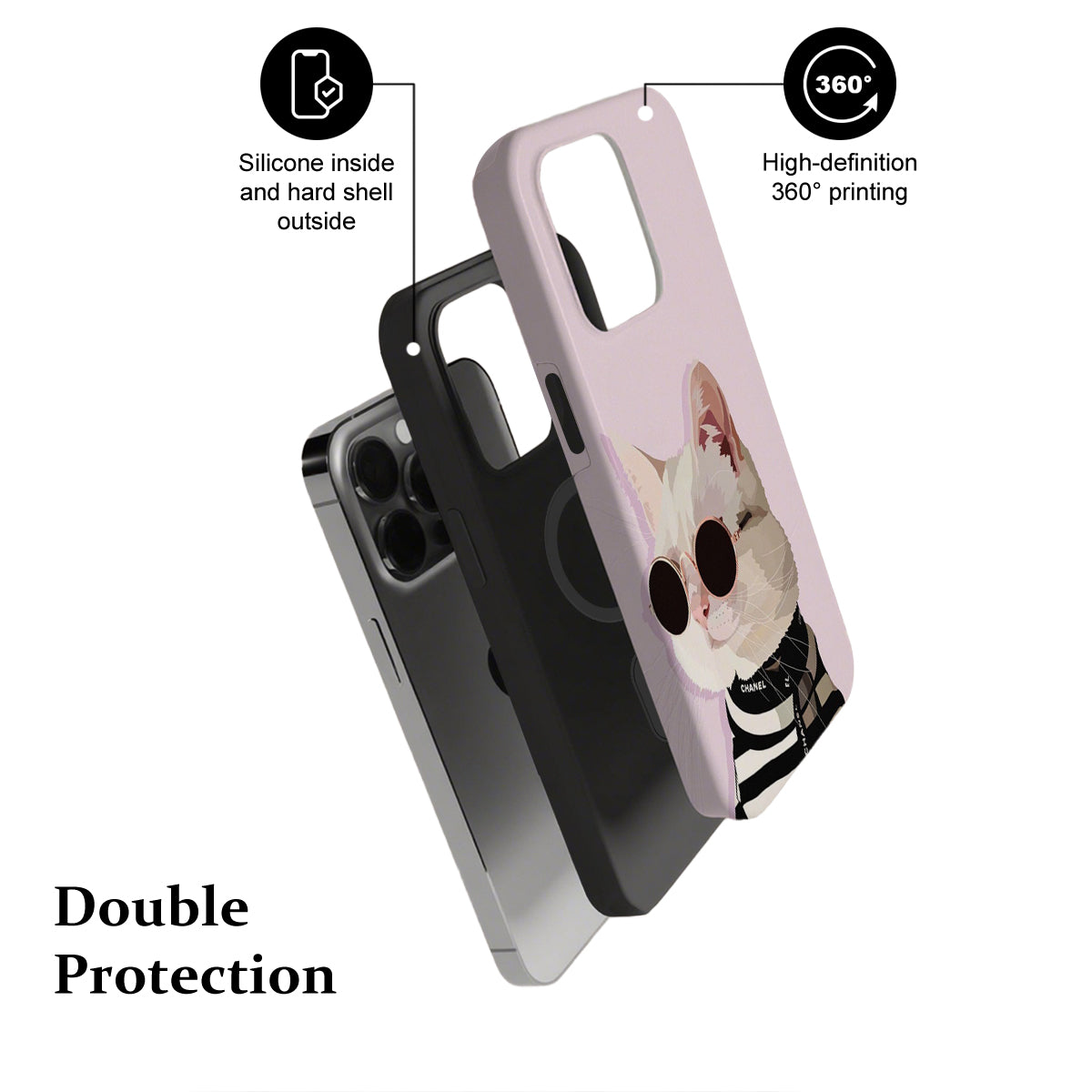 Phone case with a cat design, featuring text on features and double protection.