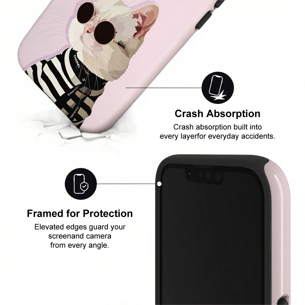 Phone case with cat design and text about crash absorption and protection