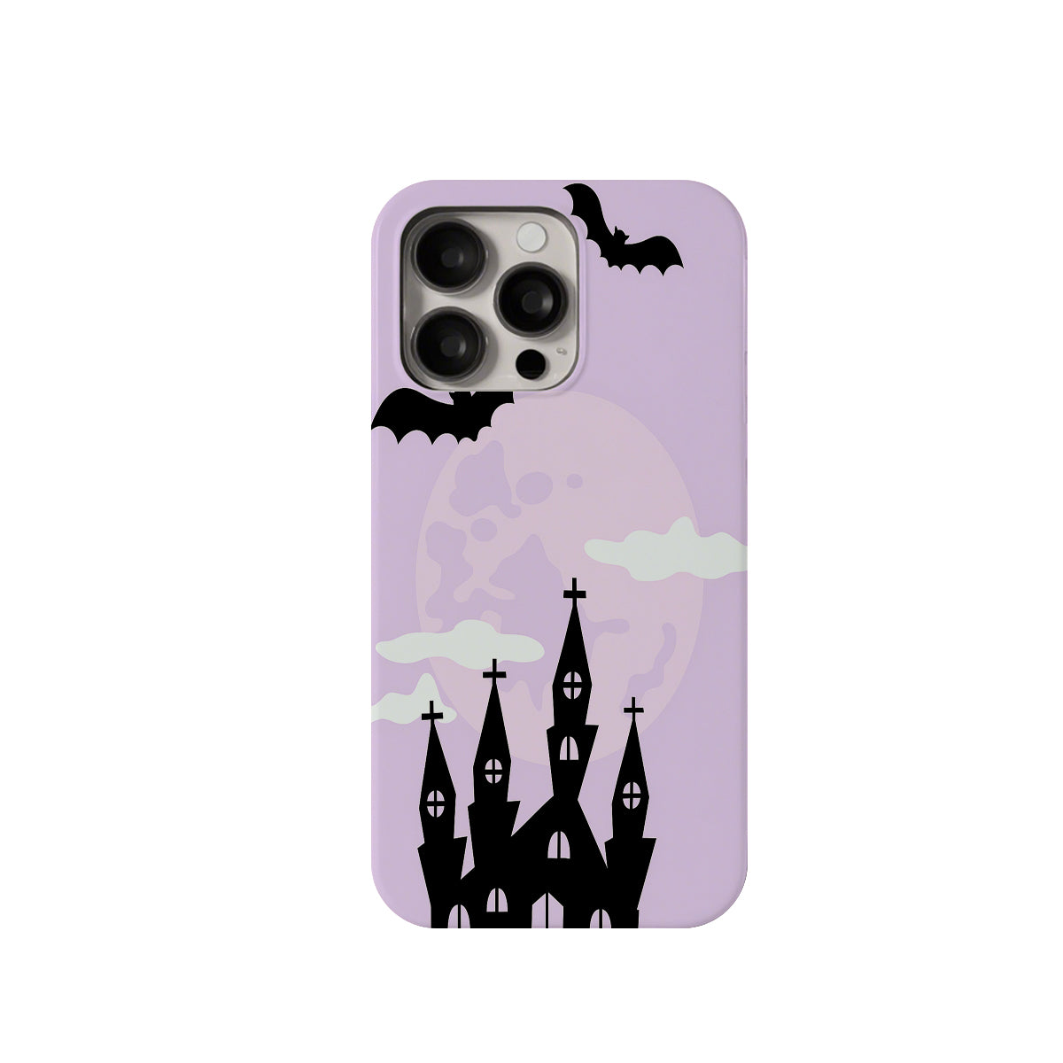 Phone case with Halloween design featuring bats and a castle on a purple background