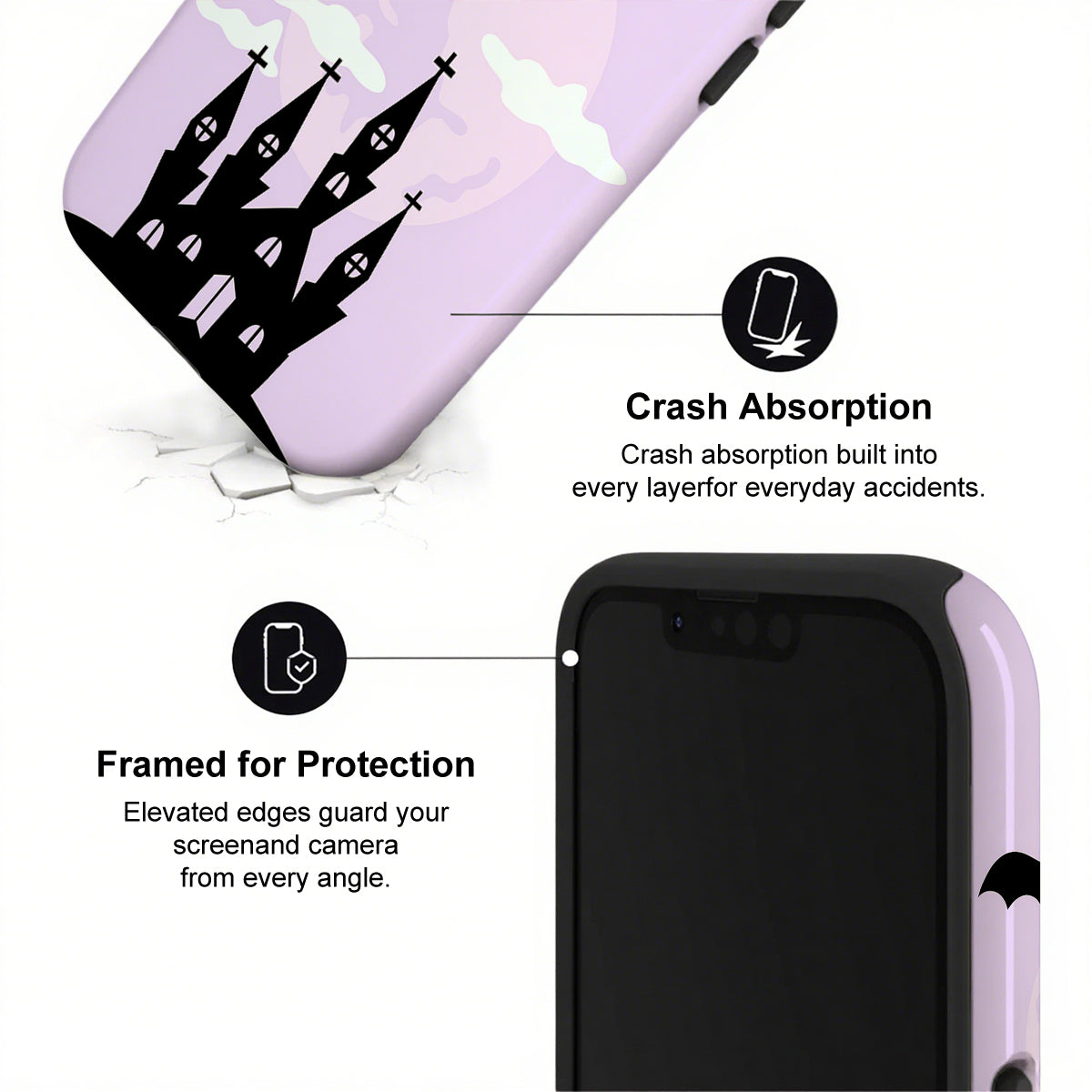 Phone case with crash absorption and protection features on a white background