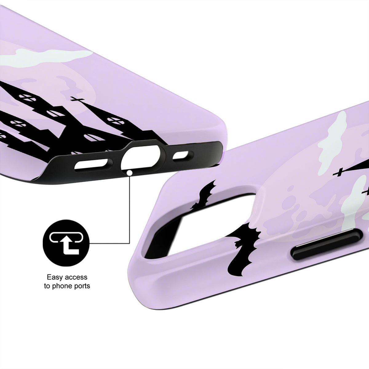 Phone case with design and text indicating easy access to phone ports on a white background