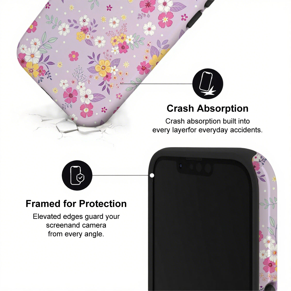 Phone case with floral design and text highlighting crash absorption and protection features.