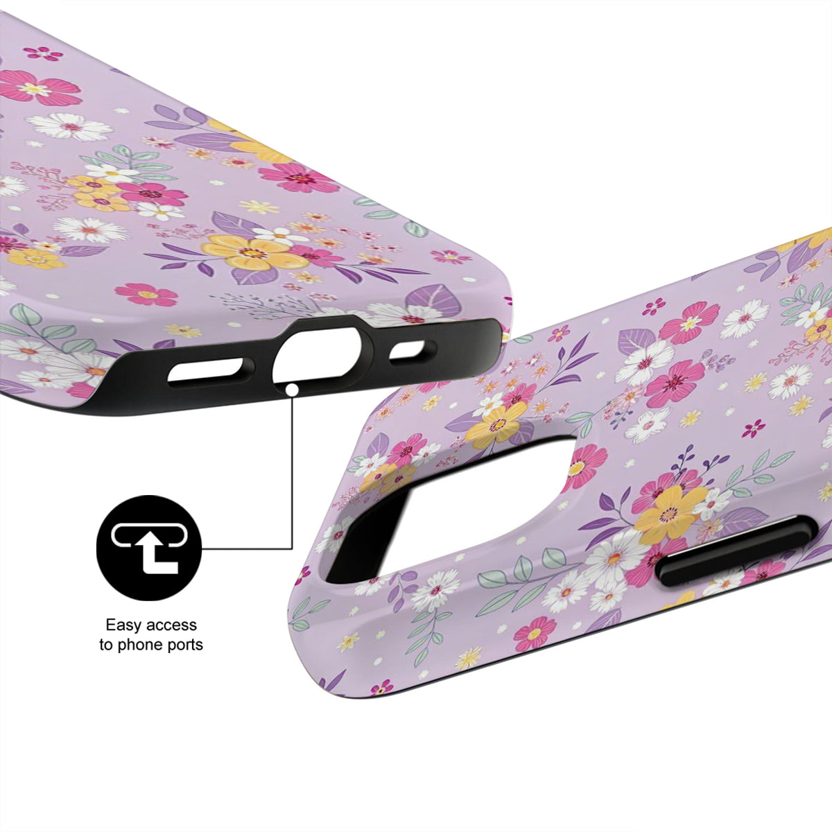 Floral phone case with easy access to phone ports feature on a white background