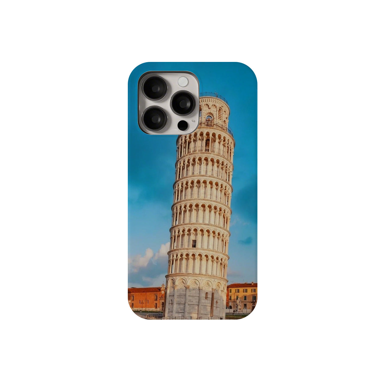Phone case with the Leaning Tower of Pisa on a blue sky background