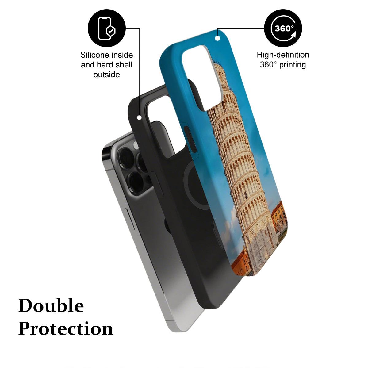 Phone case with Leaning Tower of Pisa design, showing features like silicone inside and hard shell outside.