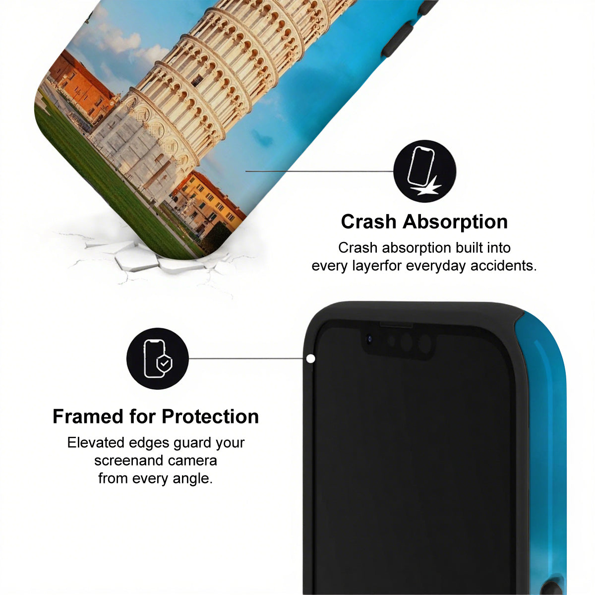Phone case with crash absorption and framed protection features, featuring a scenic design.