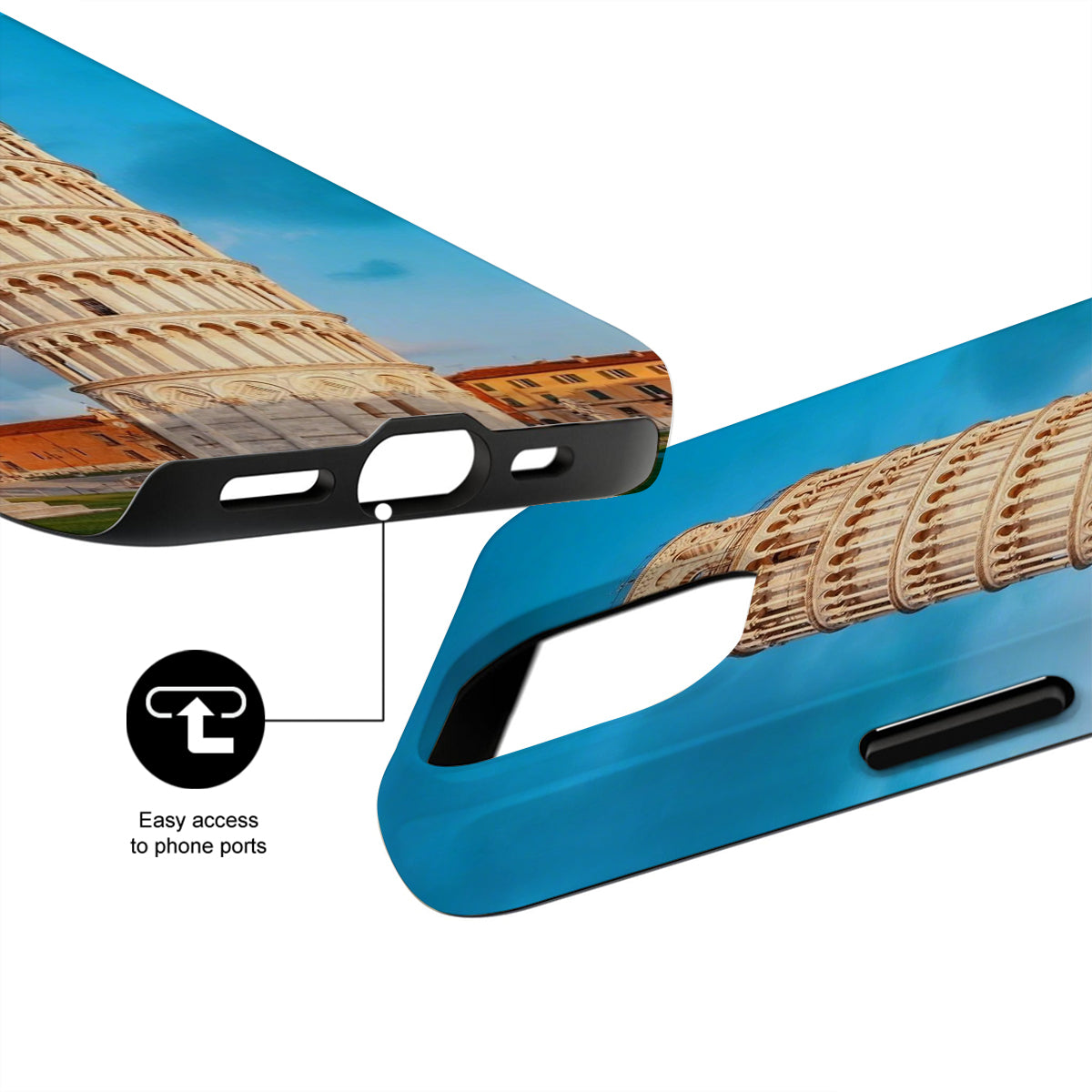 Phone case with guitar design and text 'Easy access to phone ports' on a white background