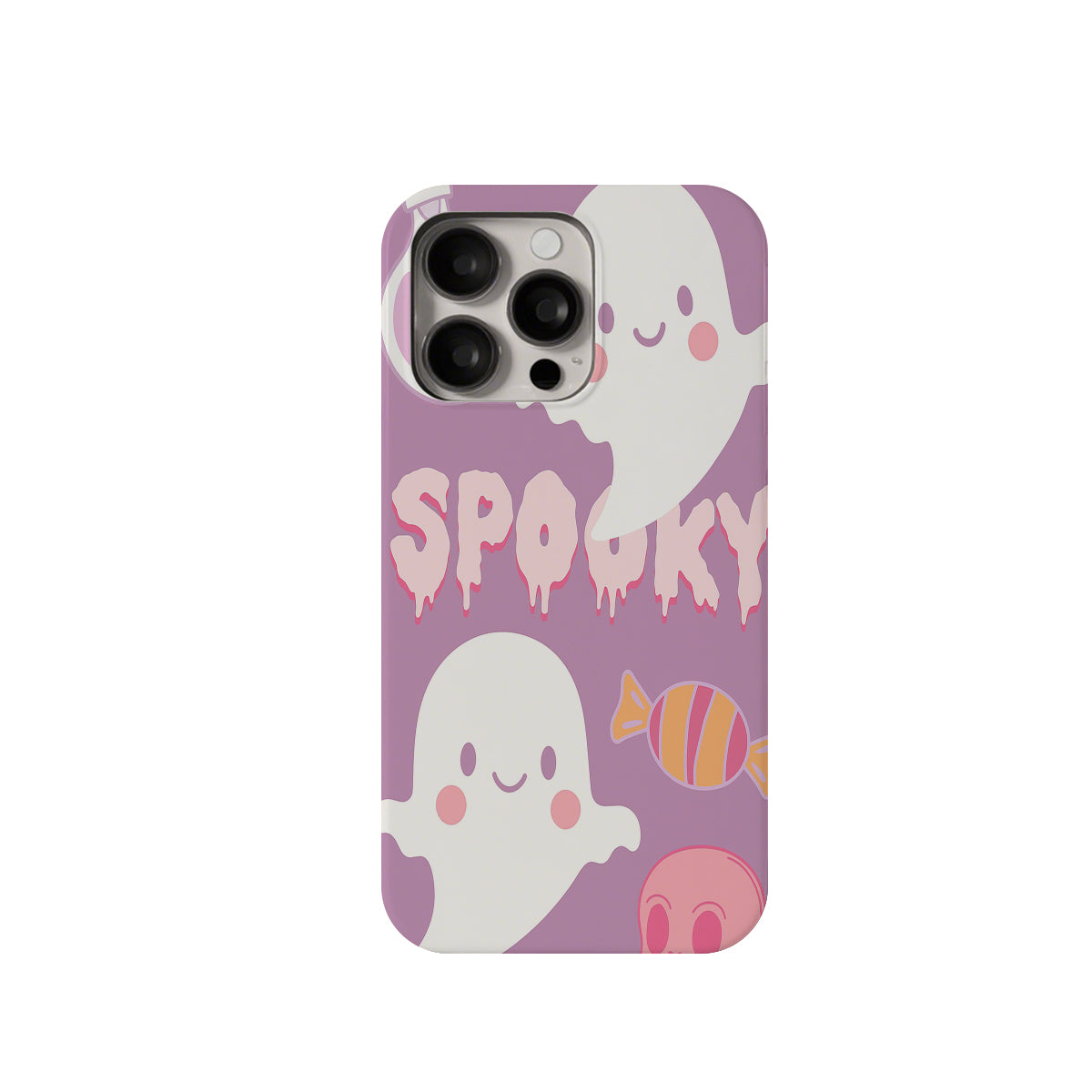 Phone case with cartoon ghosts and candy on a purple background
