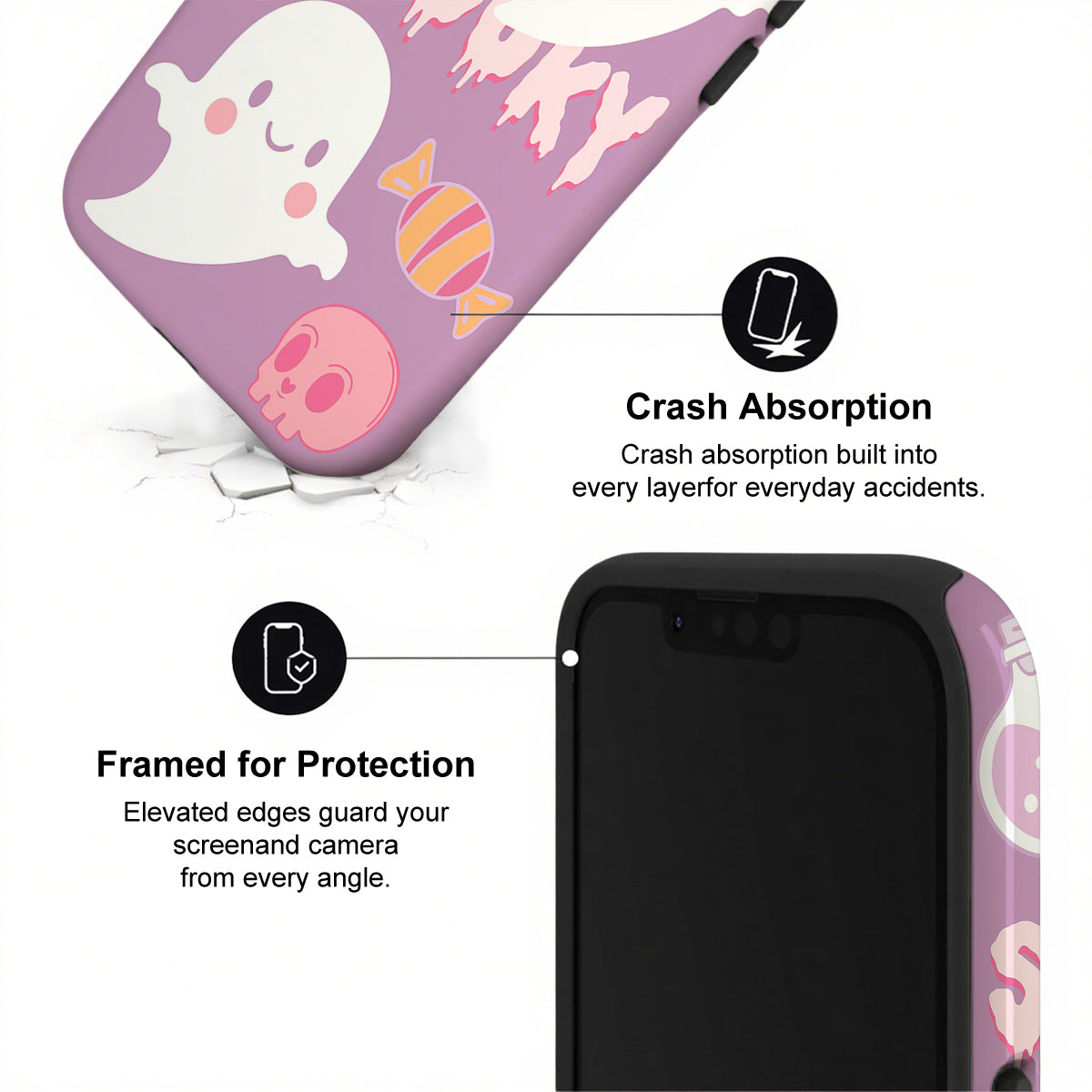 Phone case with cartoon designs and text highlighting crash absorption and protection features.