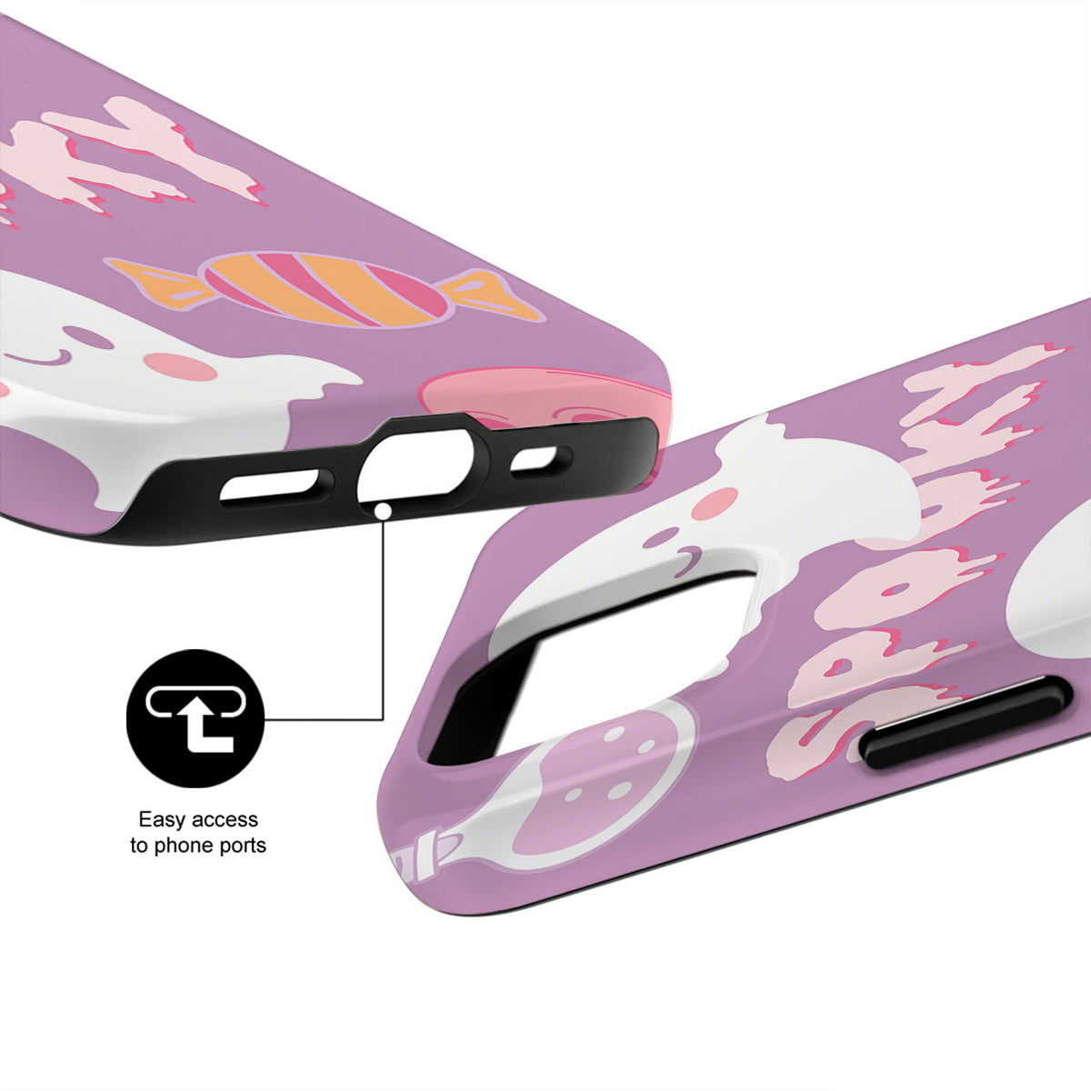 Phone case with ghost and candy design on a purple background