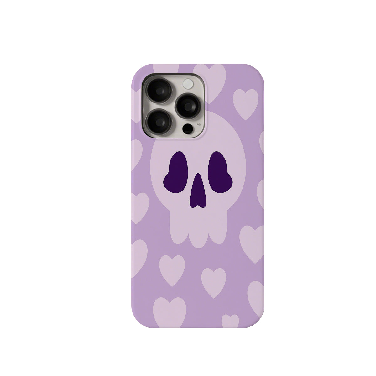 Phone case with skull and heart design on a purple background
