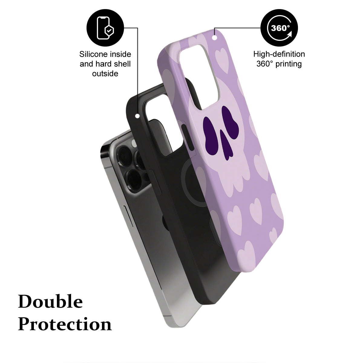 Phone case with purple heart pattern and text highlighting features on a white background