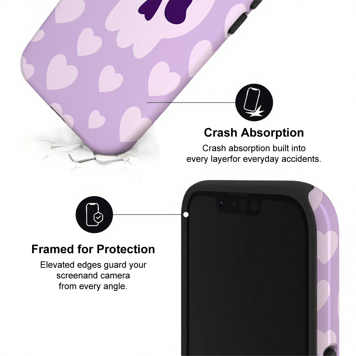 Phone case with heart pattern and text highlighting crash absorption and protection features.