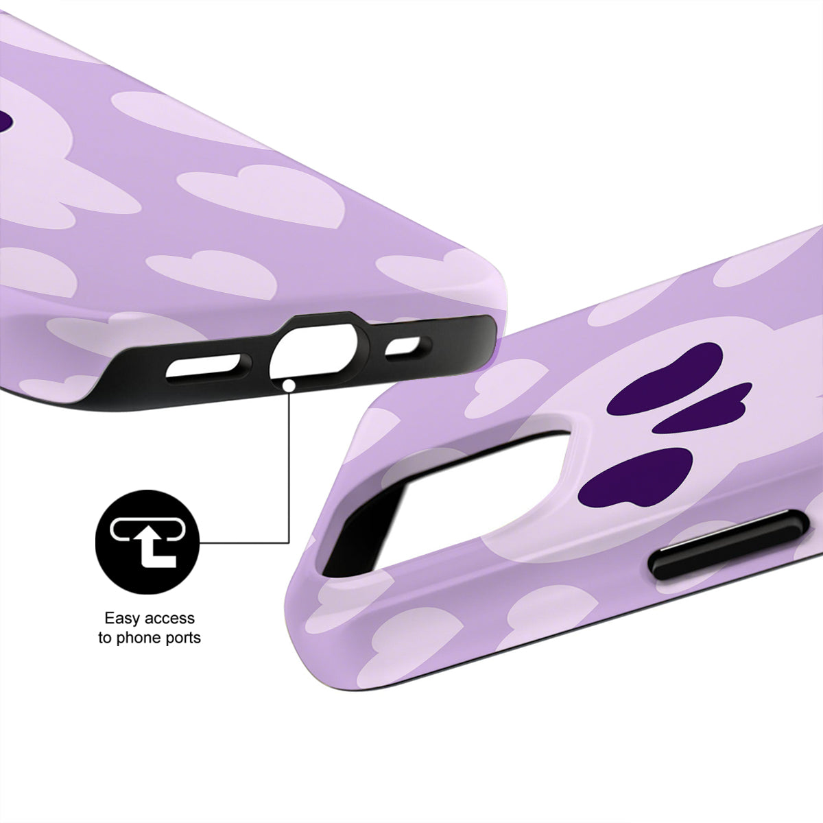 Purple phone case with heart pattern and easy access to phone ports on a white background