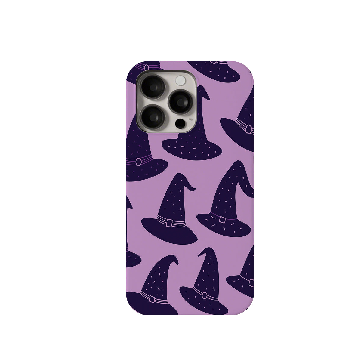 Phone case with purple witch hats on a light purple background